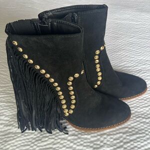 BEAST FASHION Black Suede Fringe Ankle Boots with Gold Stud Detail